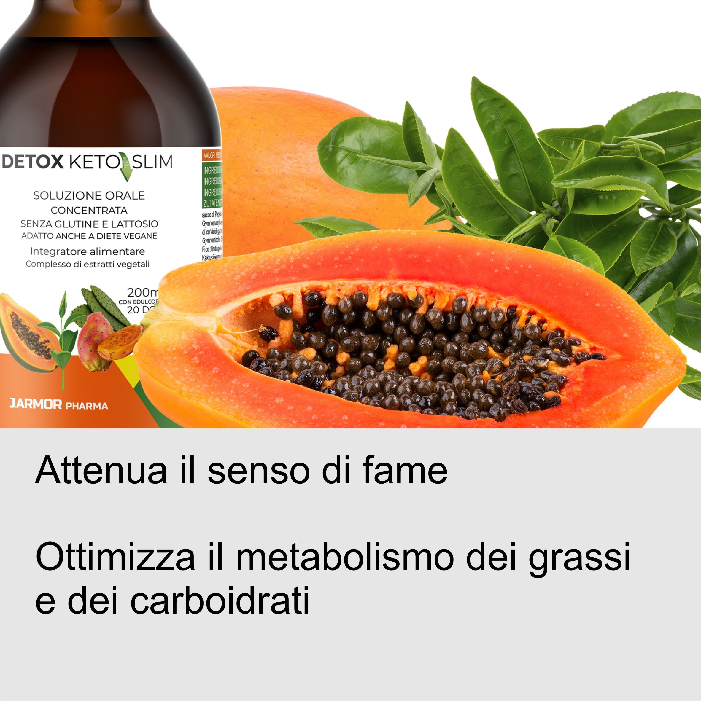 Bottiglia marrone e papaya. Testo: Detox Keto Slim, soluzione orale concentrata, senza glutine e lattosio.