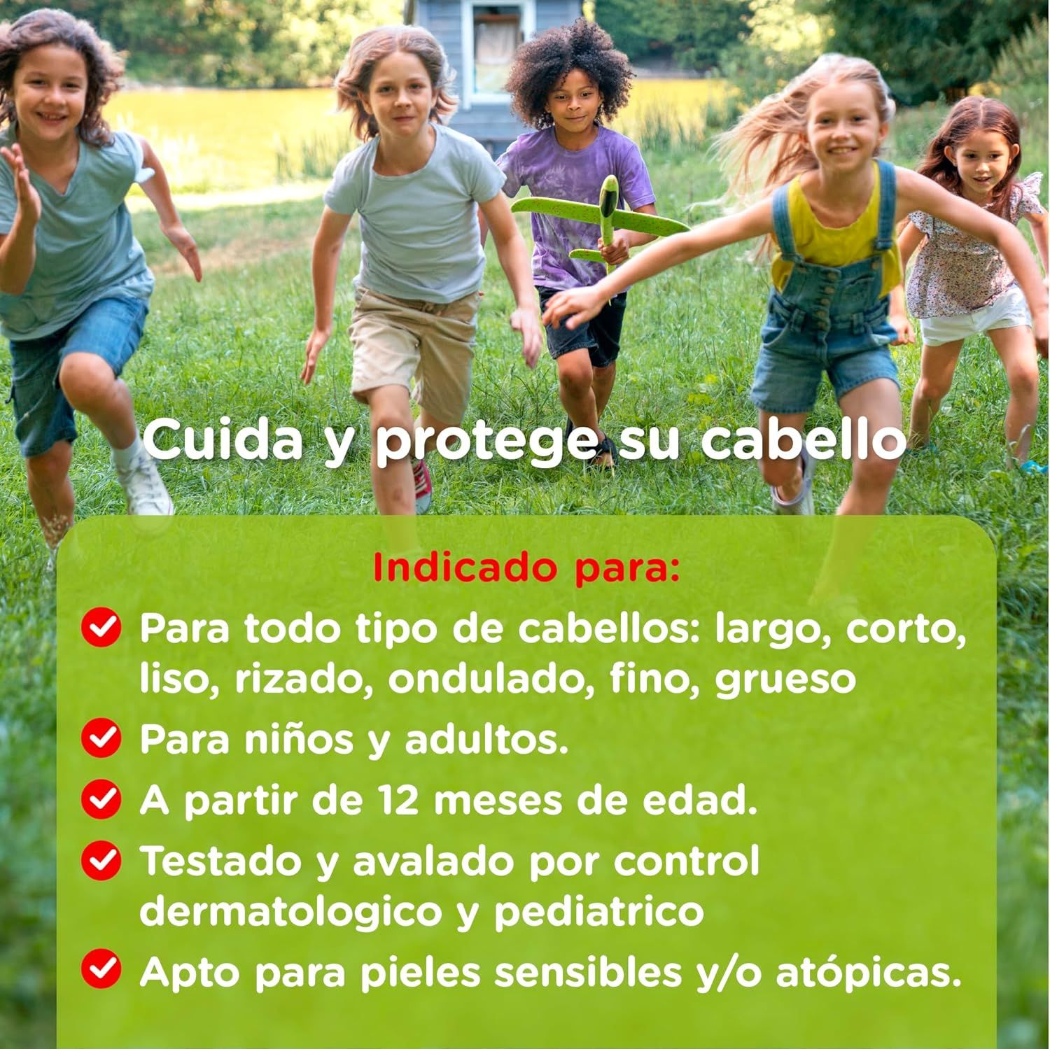Testo su sfondo verde. Testo: Cuida y protege su cabello. Indicato per: Tutti i tipi di capelli, bambini e adulti.
