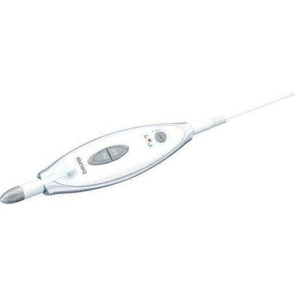 Dispositivo manicure/pedicure bianco con accessorio e cavo. Marca: Beurer. Due pulsanti, due LED.