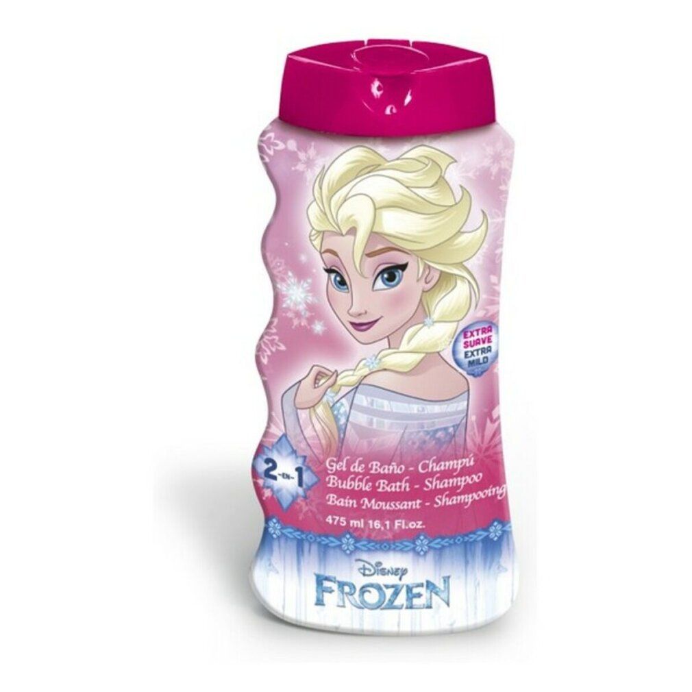 Flacone di gel doccia e shampoo Disney Frozen. Illustrazione di Elsa. Tappo rosa, contorno ondulato. Testo multilingue.