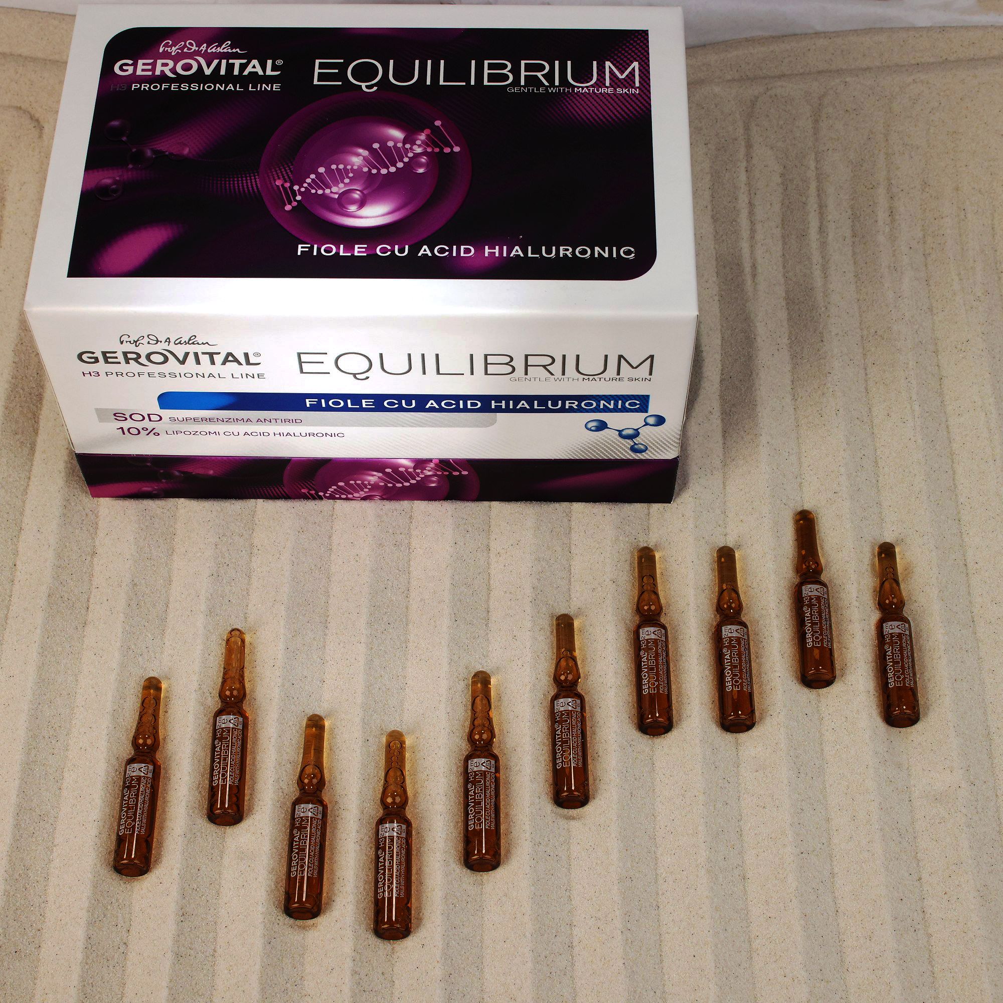 Confezione del prodotto e diverse fiale. Scritta: Gerovital Equilibrium, Fiola Cu Acid Hialuronic, 10% Liposomi.