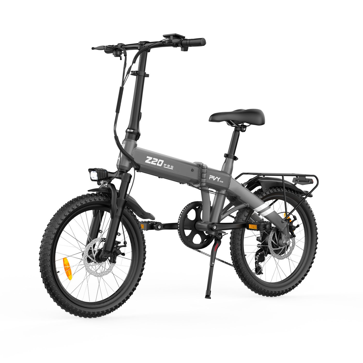 E-bike pieghevole grigio con sella, manubrio e pneumatici neri. Portapacchi posteriore. Logo PVY.