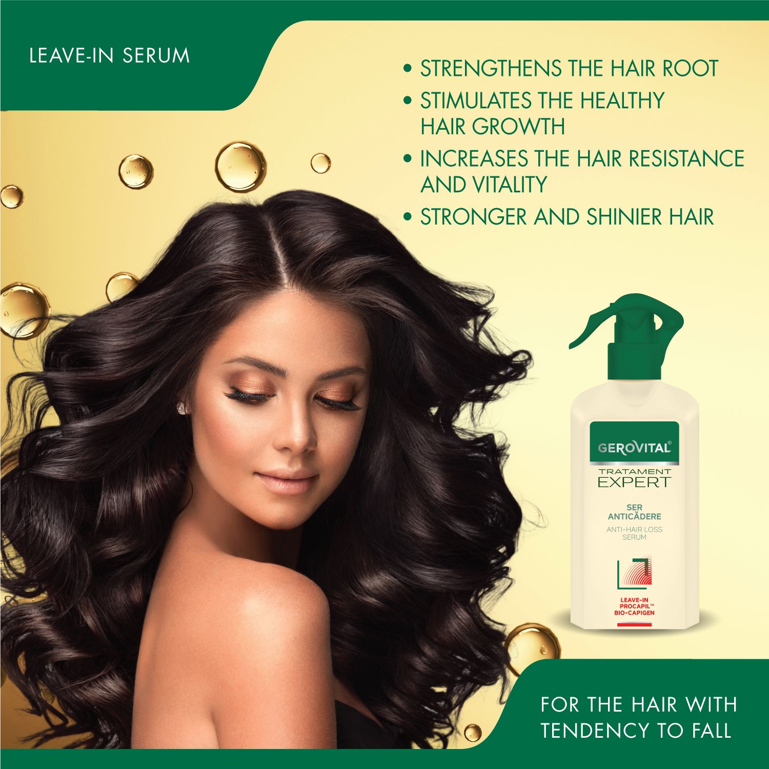 Donna con lunghi capelli scuri e un flacone Gerovital Tratament Expert, Siero Anticaduta, Anti-Hair Loss Serum.