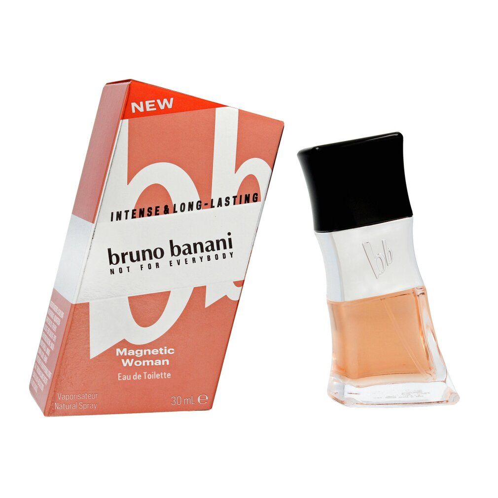 Flacone di profumo e scatola. Flacone con tappo nero, corpo argentato e contenuto rosato. Scatola con scritta "Magnetic Woman".