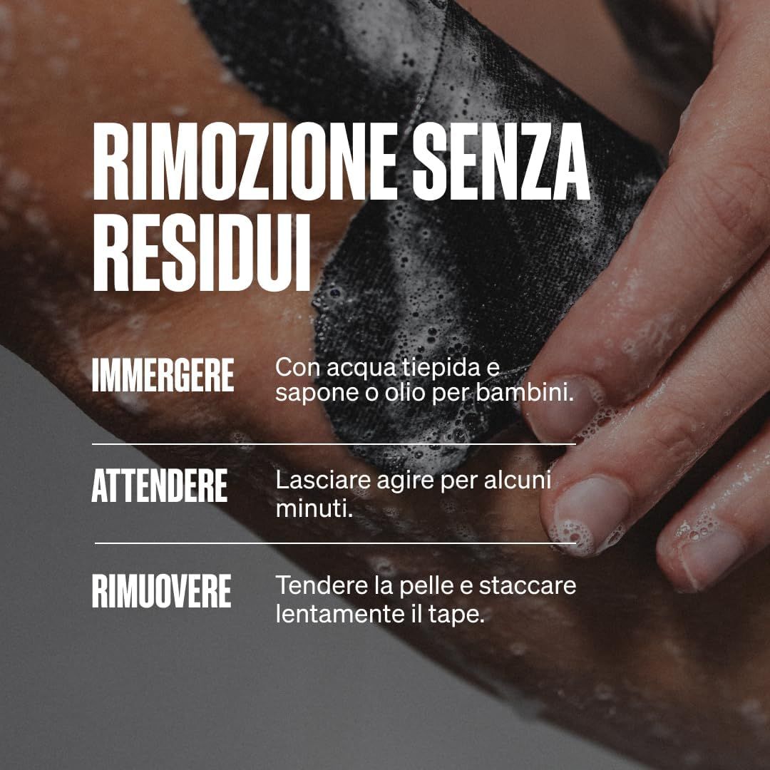 Rimozione del nastro kinesiologico con acqua tiepida e sapone/olio per bambini.