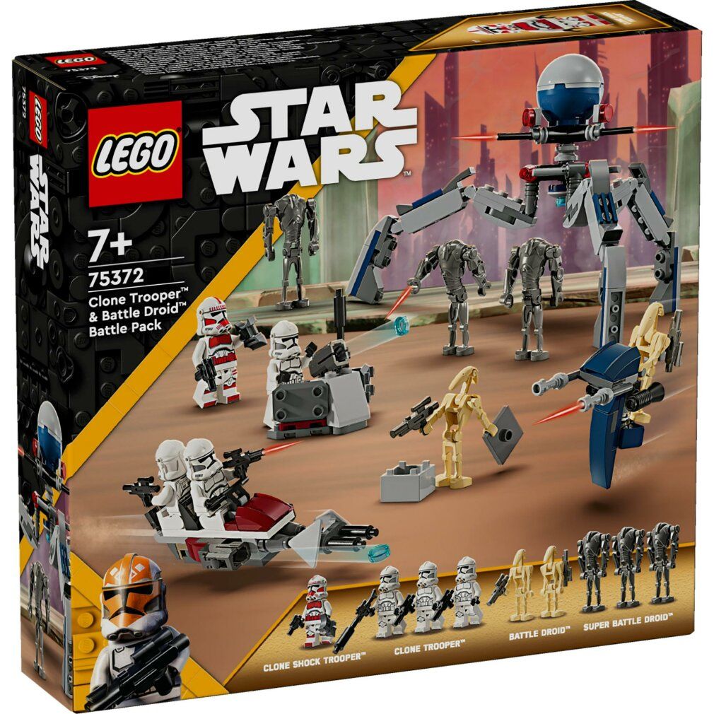 Set LEGO Star Wars. Personaggi, speeder e droidi da battaglia. Confezione con logo e nome del prodotto.