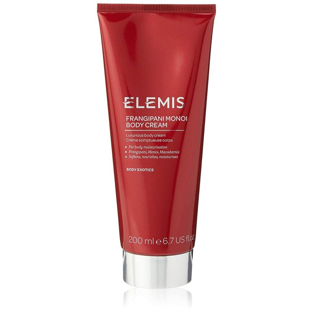 Tubo rosso con testo. Elemis Frangipani Monoi Body Cream. 200 ml. Scritta: Luxurious body cream.