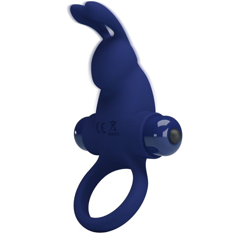 Anello vibrante blu scuro con orecchie di coniglio e sfere, visto di tre quarti anteriore.