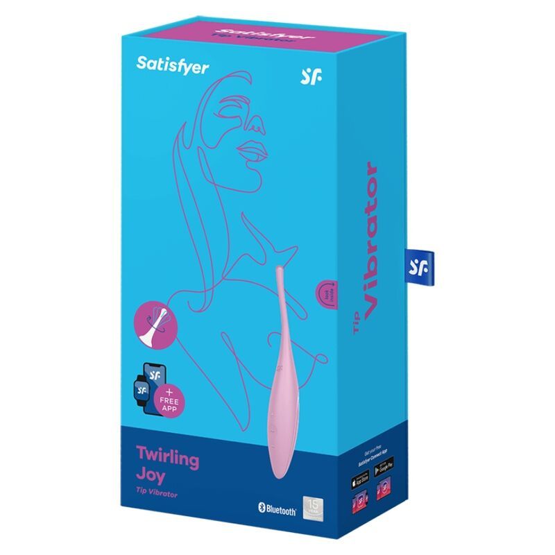 Confezione del vibratore Satisfyer. Blu con immagine del prodotto e scritta "Twirling Joy".
