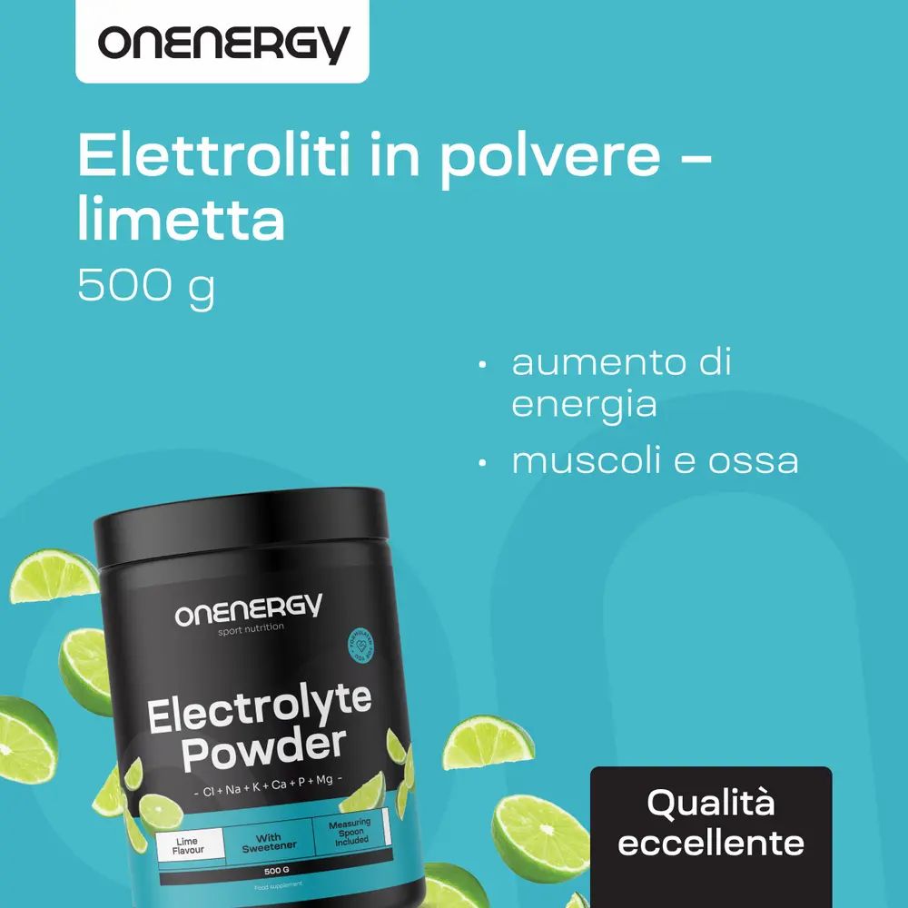 Barattolo "ONENERGY Electrolyte Powder". Fette di lime. Testo: Elettroliti in polvere – lime. 500 g. Testo: aumento di energia, muscoli e ossa.