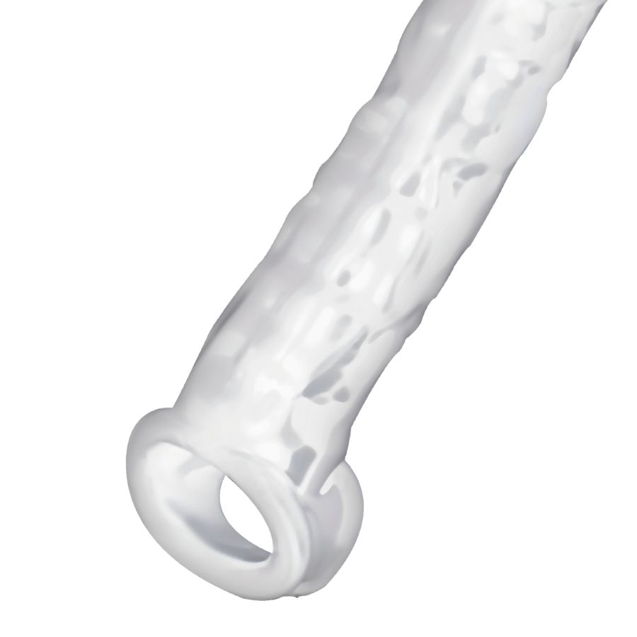 Estensione del pene trasparente, con anello alla base e superficie strutturata.