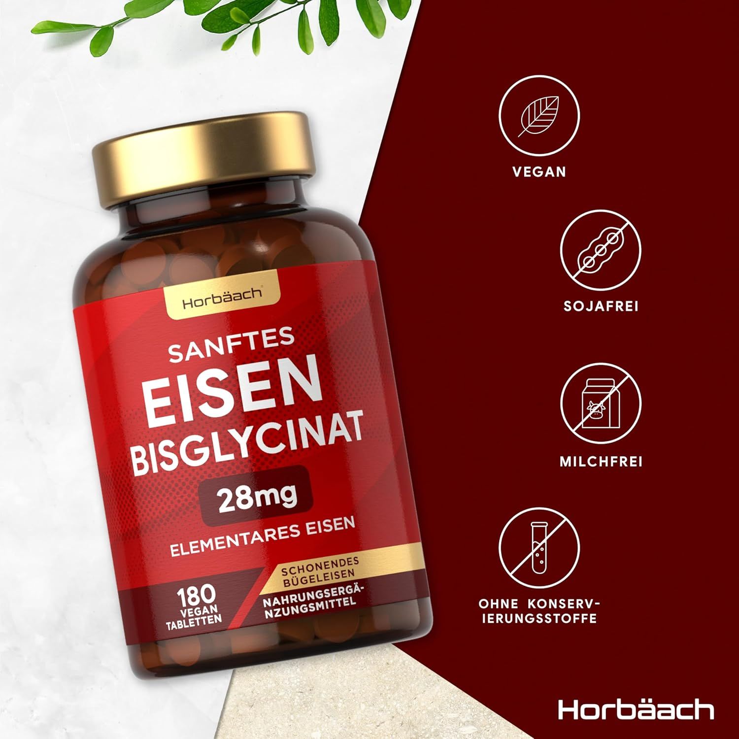Flacone di compresse con etichetta rossa. Testo: Sanftes Eisenbisglycinat, 28mg, 180 compresse. Vegano, senza soia, senza latte, senza conservanti.