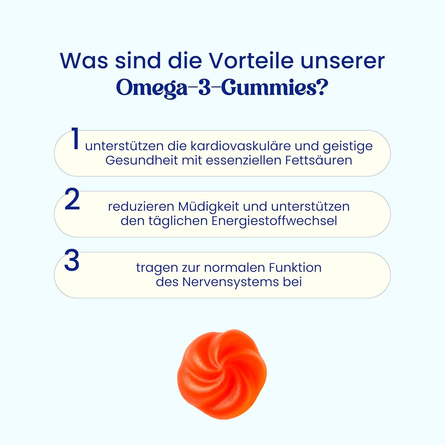 Infografica dei vantaggi degli Omega 3 Gummies. Testo: Supporto della salute, riduzione della fatica, supporto del sistema nervoso.