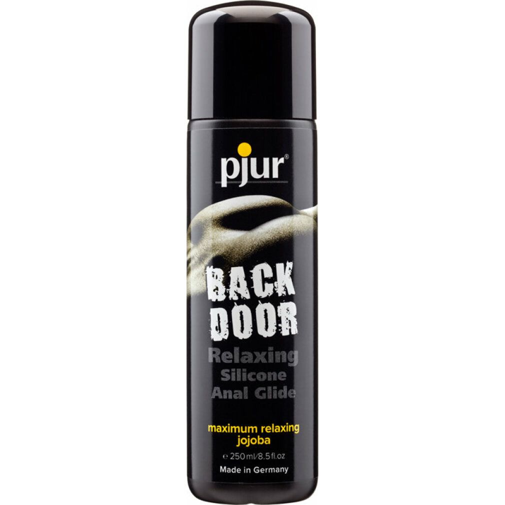 Flacone nero con tappo nero. Scritta: pjur, BACK DOOR, Relaxing Silicone Anal Glide. Contiene jojoba. Prodotto in Germania.