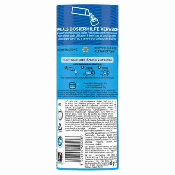 Retro di una confezione di Lenor Waschparfüm. Scatola blu con testo e pittogrammi. Contenuto 160g.