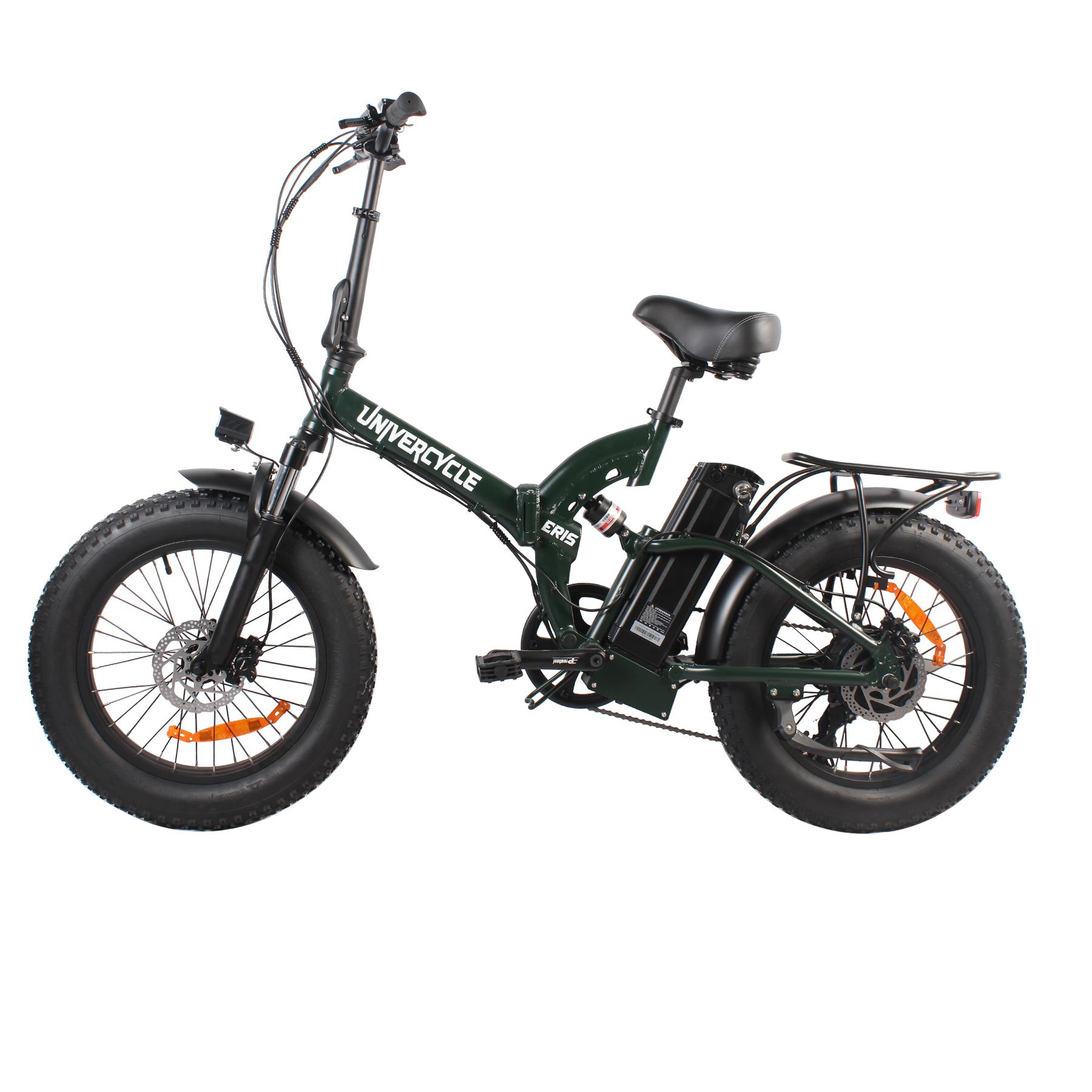 E-bike verde con pneumatici larghi, portapacchi e batteria. Marchio Univercycle.