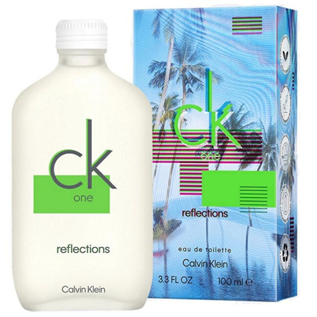 Flacone e confezione CK One Reflections. Flacone bianco, logo verde. Confezione blu con palme. Testo: Calvin Klein.
