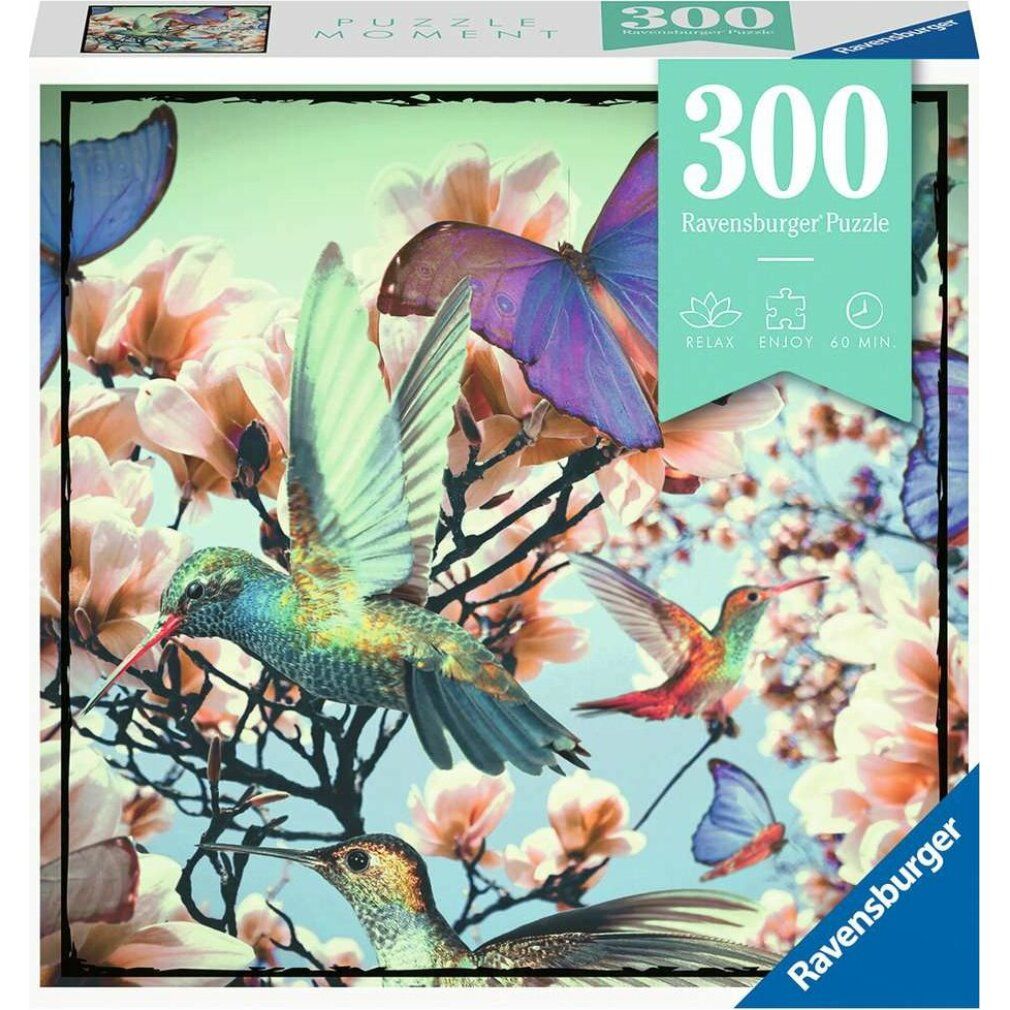 Scatola puzzle con colibrì e farfalle. 300 pezzi. Marca: Ravensburger. Età consigliata: dai 14 anni.