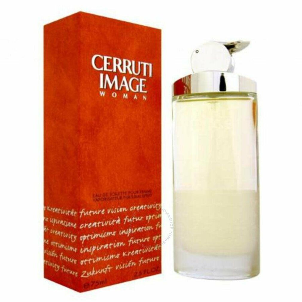 Cerruti Image Eau de Toilette Spray. Flacone e confezione. Scatola arancione con nome del prodotto. Flacone trasparente con tappo argentato.