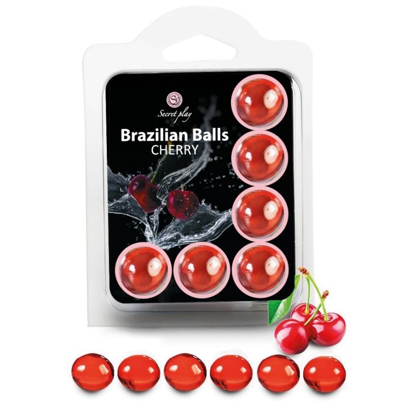 Confezione con 8 sfere rosse, design ciliegia. Stampato "Secret Play Brazilian Balls Cherry".