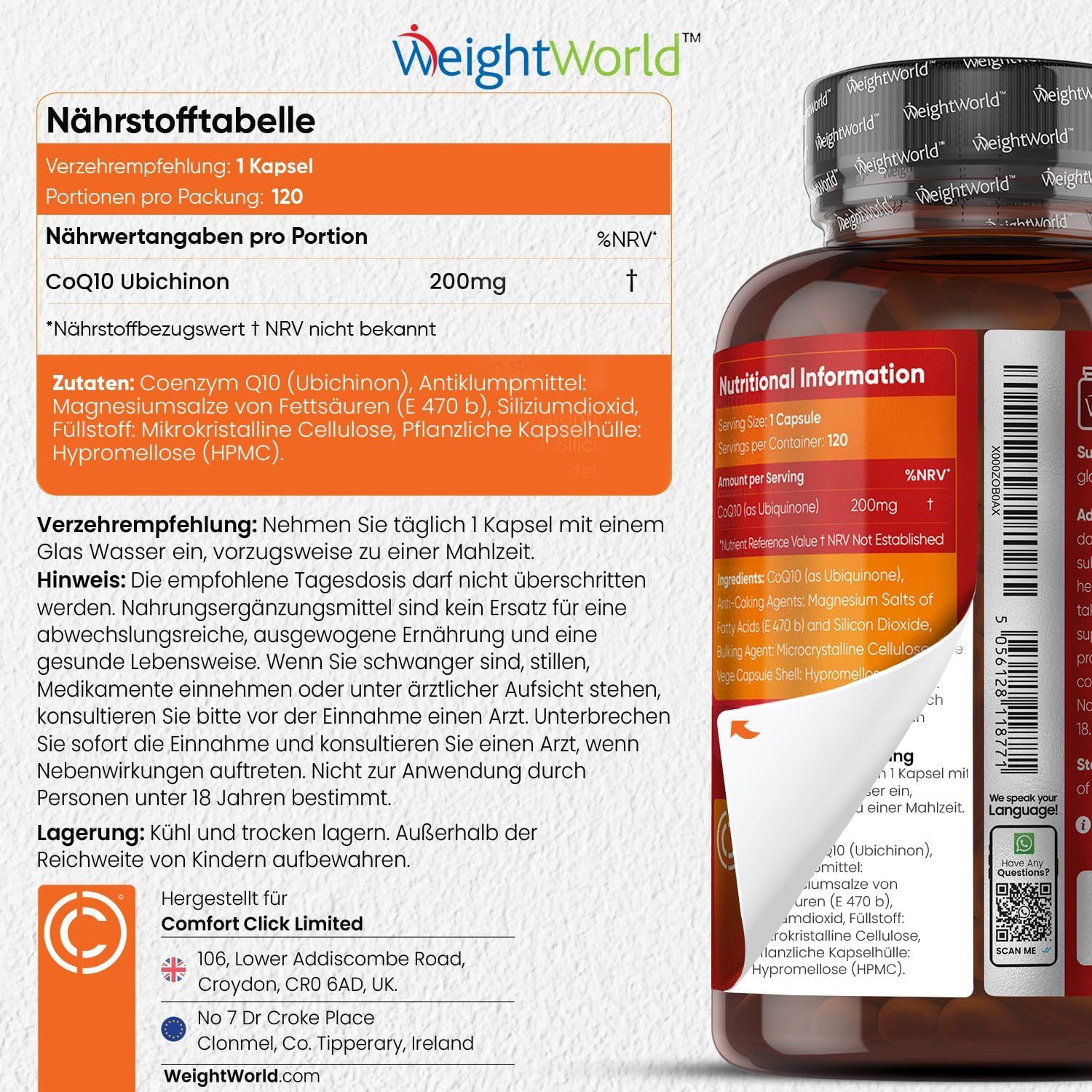 Tabella nutrizionale e informazioni sulle capsule di CoQ10. Flacone di capsule, etichetta con ingredienti e istruzioni per l'uso.