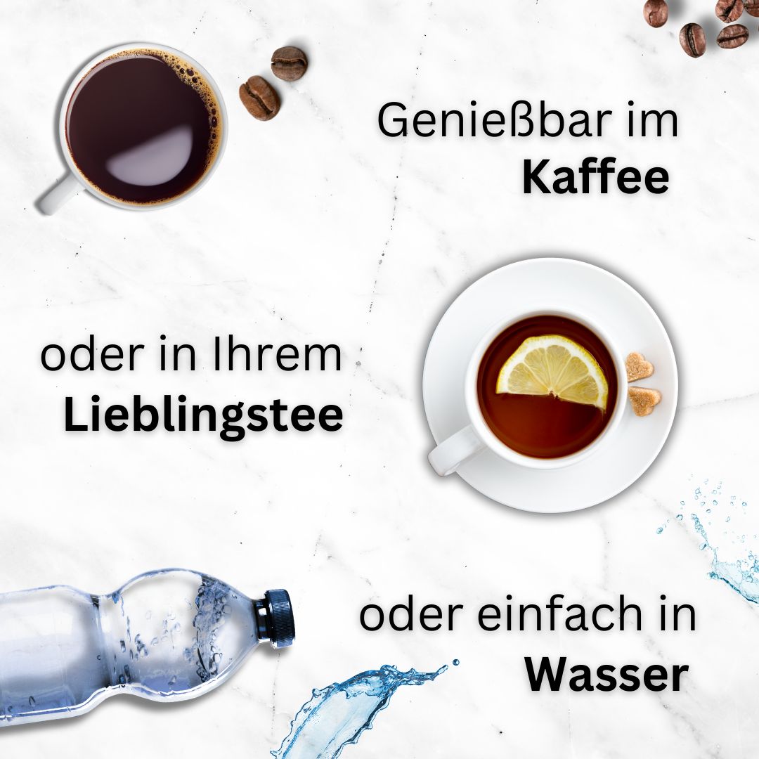 Bevande: caffè, tè, acqua. Testo: Godibile nel caffè o nel tuo tè preferito o semplicemente nell'acqua.