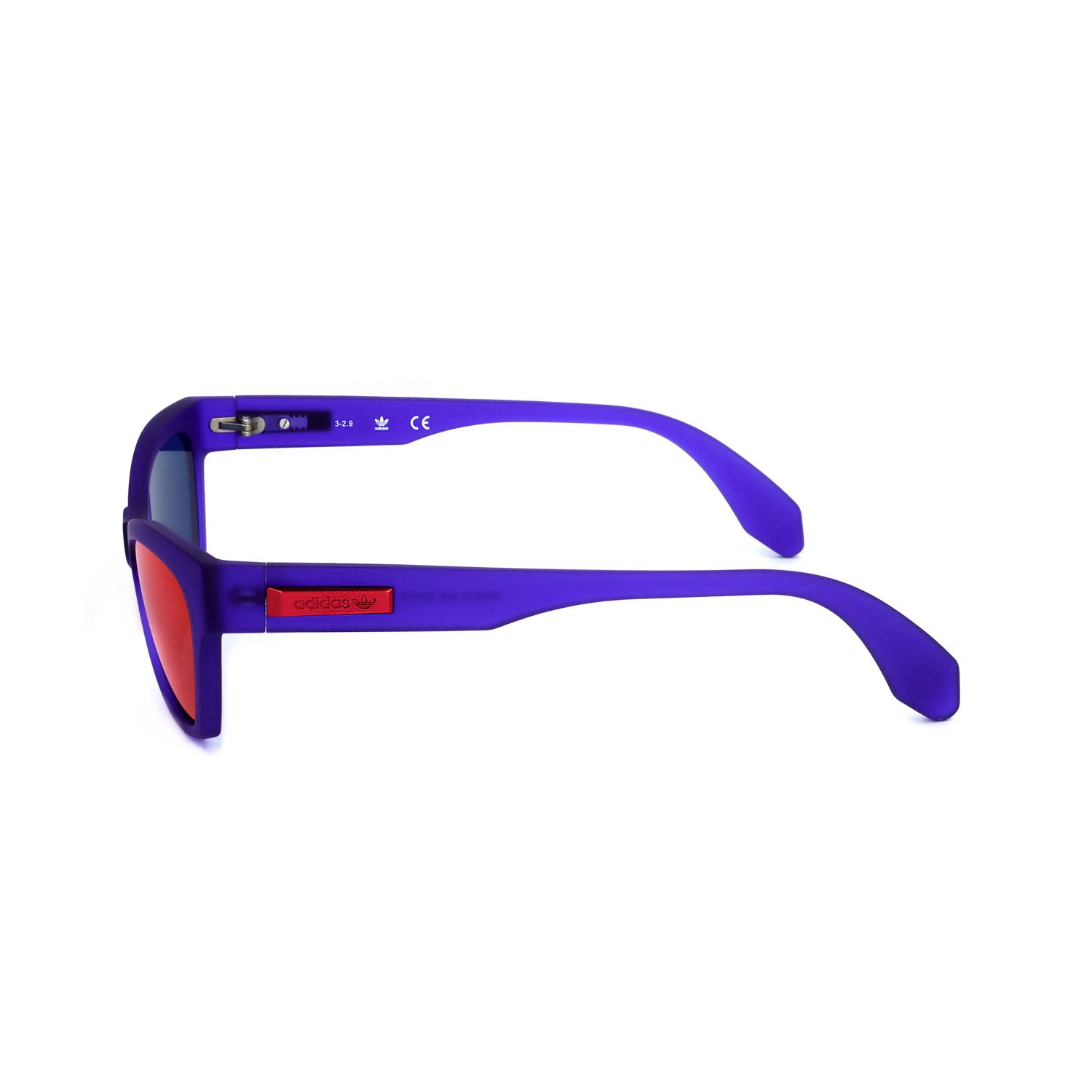 Occhiali da sole Adidas viola con lenti rosse e dettaglio logo rosso.