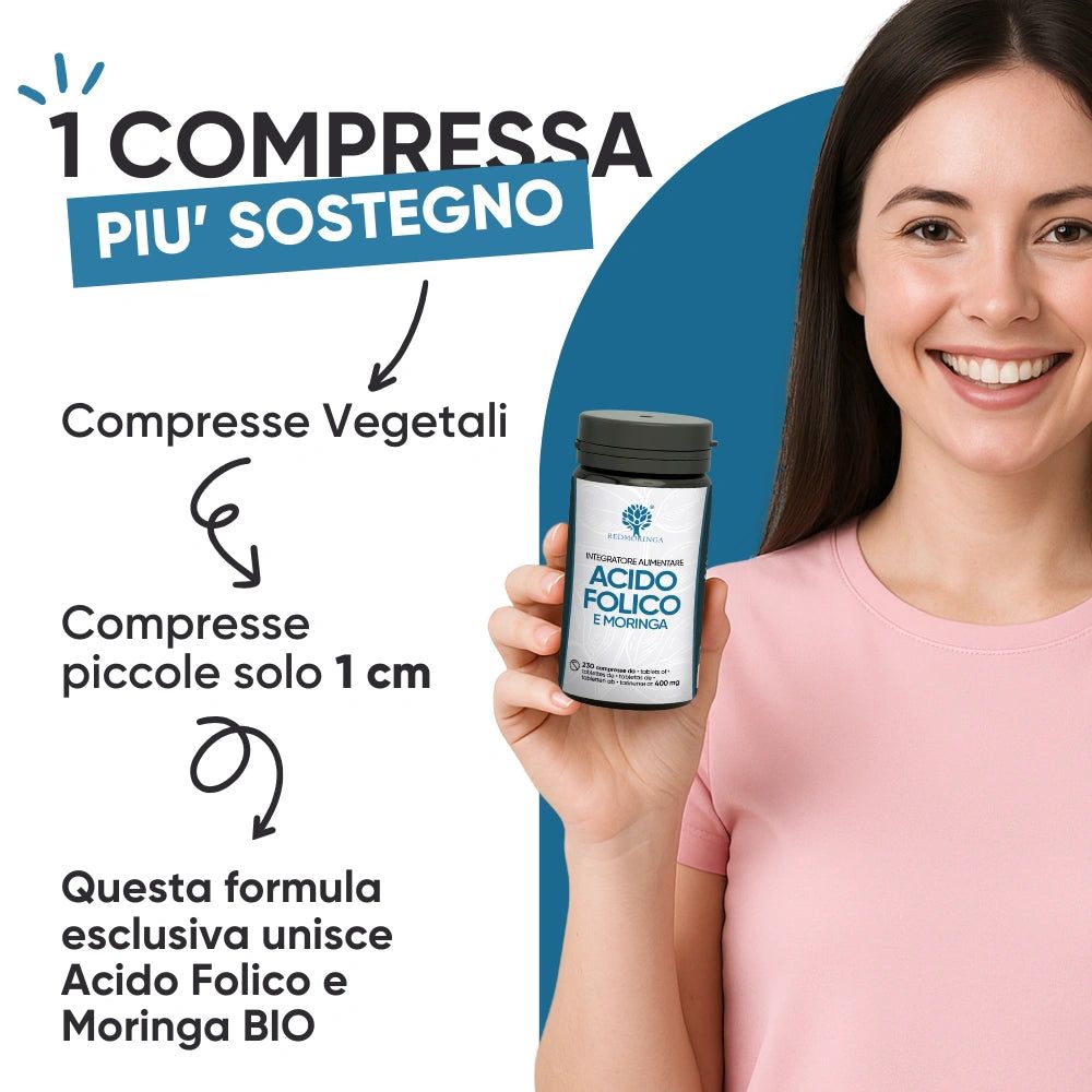 Donna tiene flacone con: Acido Folico e Moringa. Testo: 1 compressa, compresse vegetali, 1 cm.