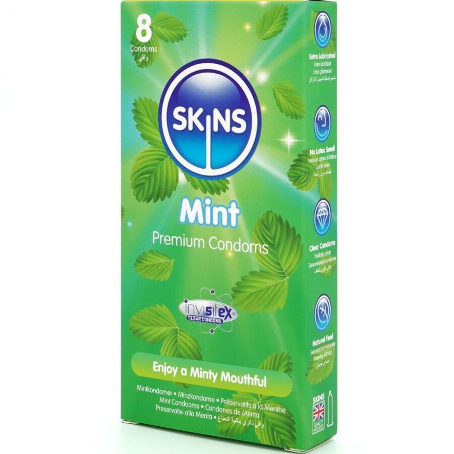 Confezione di preservativi Skins Mint. Verde con foglie e nome del prodotto. Contiene 8 preservativi.