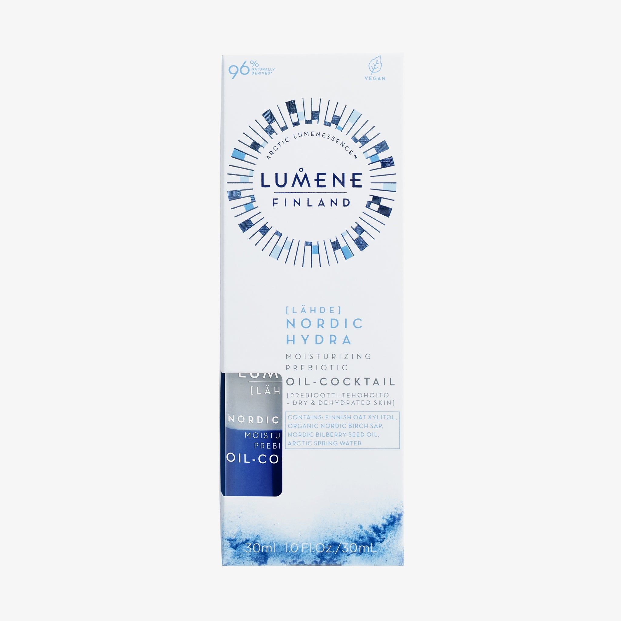 Confezione bianca con immagine del prodotto. Testo: Lumene, Nordic Hydra, Moisturizing Prebiotic Oil-Cocktail. Loghi e testo multilingue.