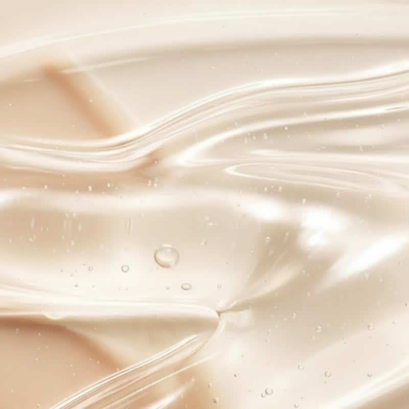 Primo piano di un liquido lucido, color crema, con piccole bolle. Texture con onde morbide.