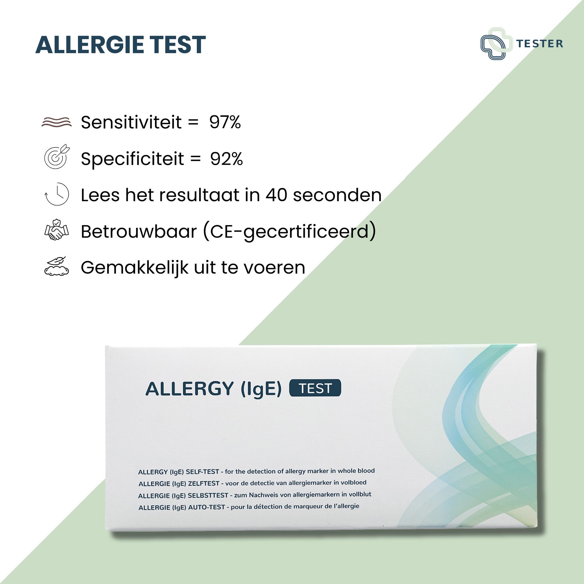 Confezione del prodotto con testo: Test allergie, sensibilità 97%, specificità 92%, risultato in 40 secondi, certificato CE.