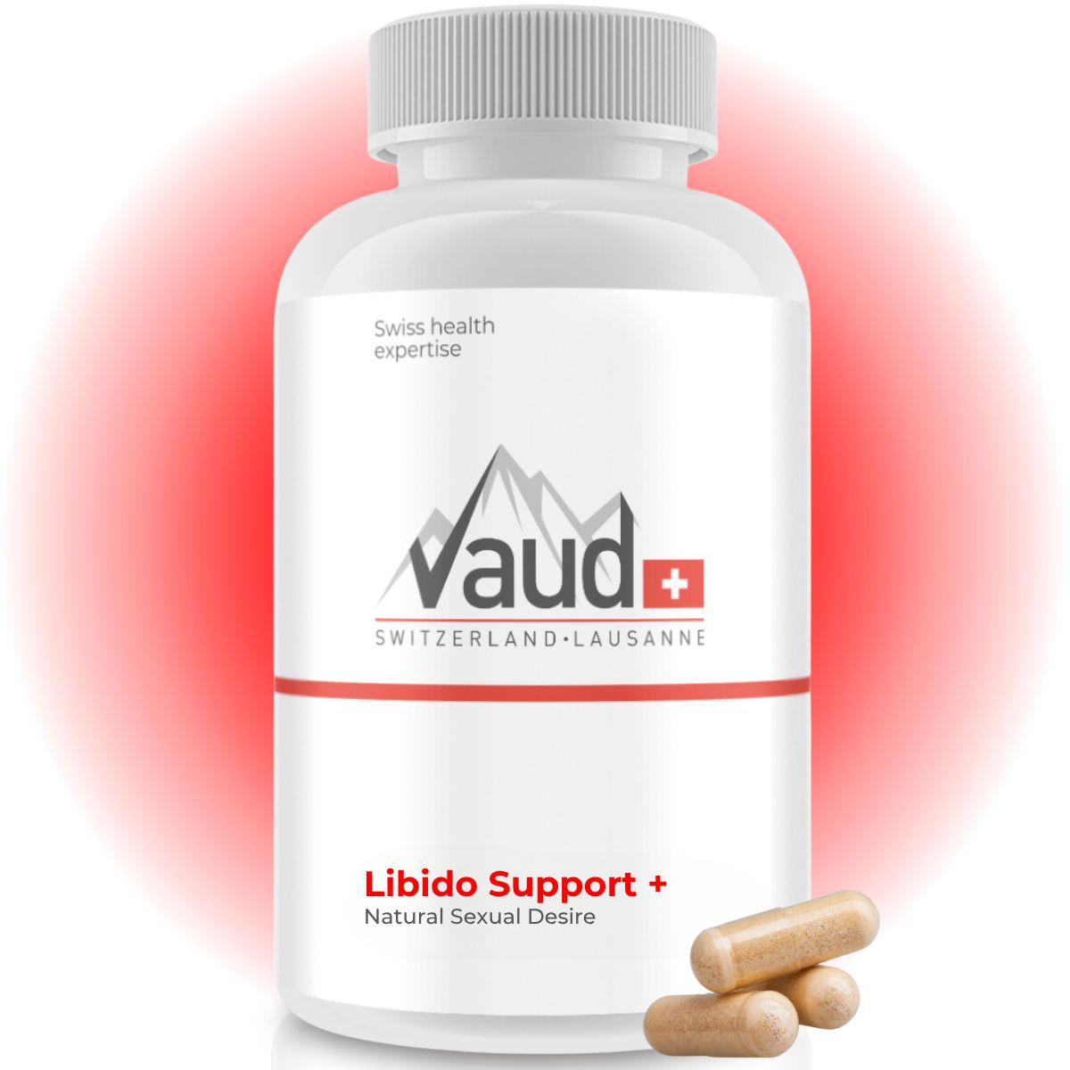 Flacone bianco con capsule. Logo Vaud, Libido Support+. Competenza svizzera.