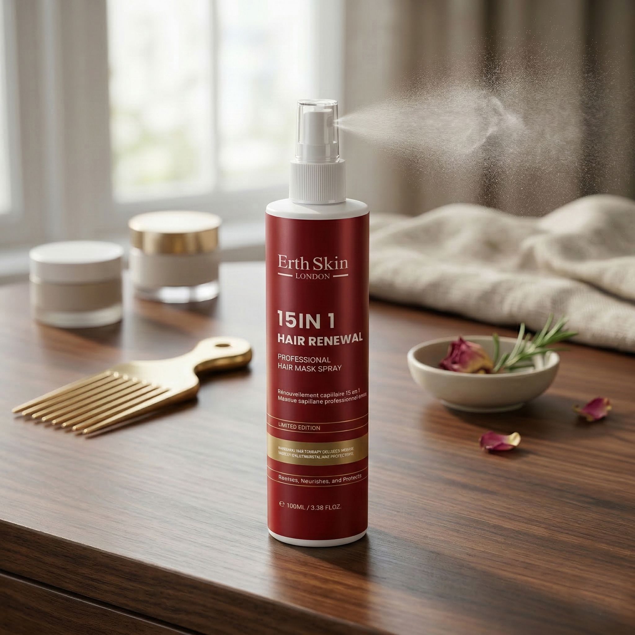 ErthSkin London Spray Maschera Riparatrice Capelli 15-in-1 su un tavolo di legno con accessori per capelli.