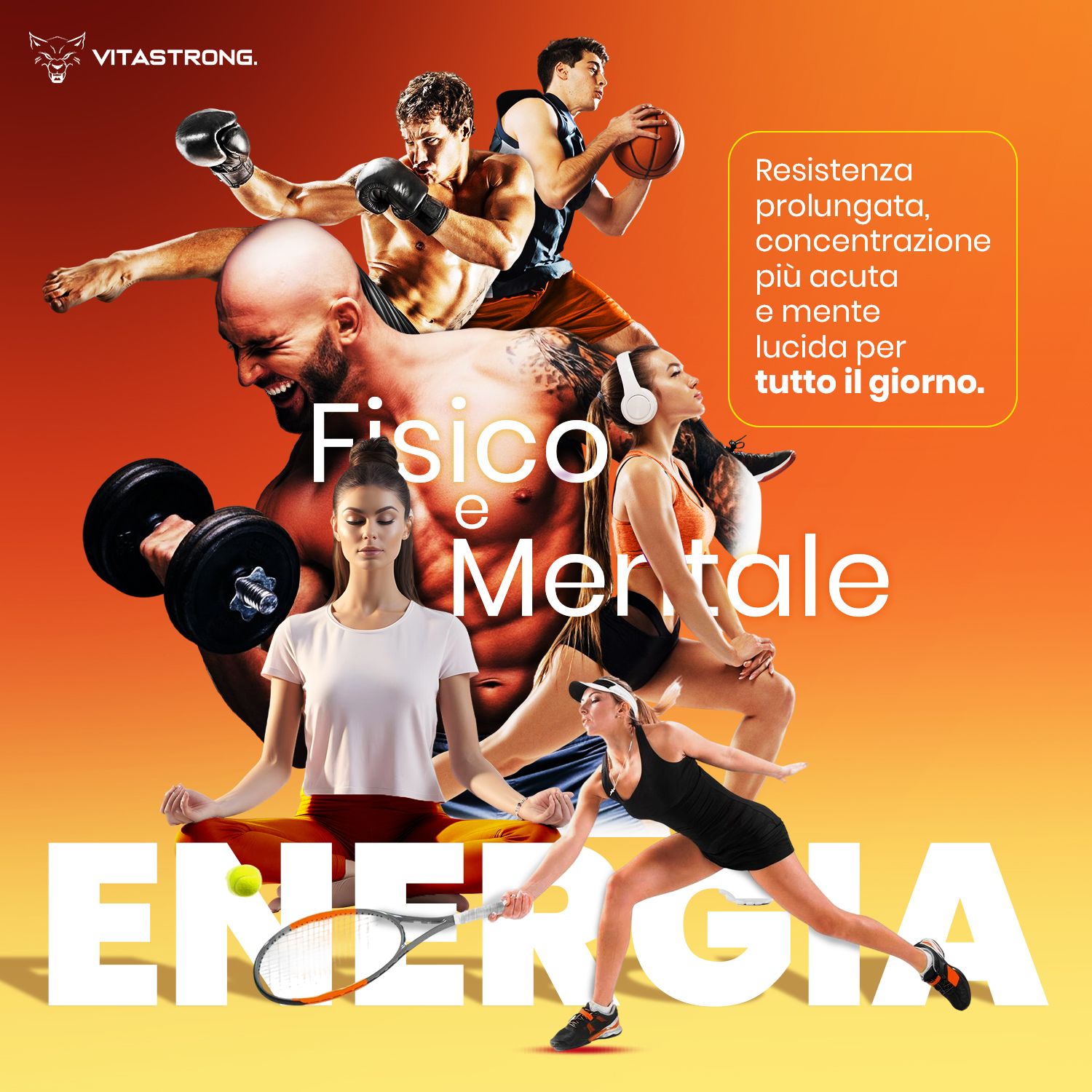 Vitastrong Energy Orange. Immagine con atleti. Testo: Energia fisica e mentale.