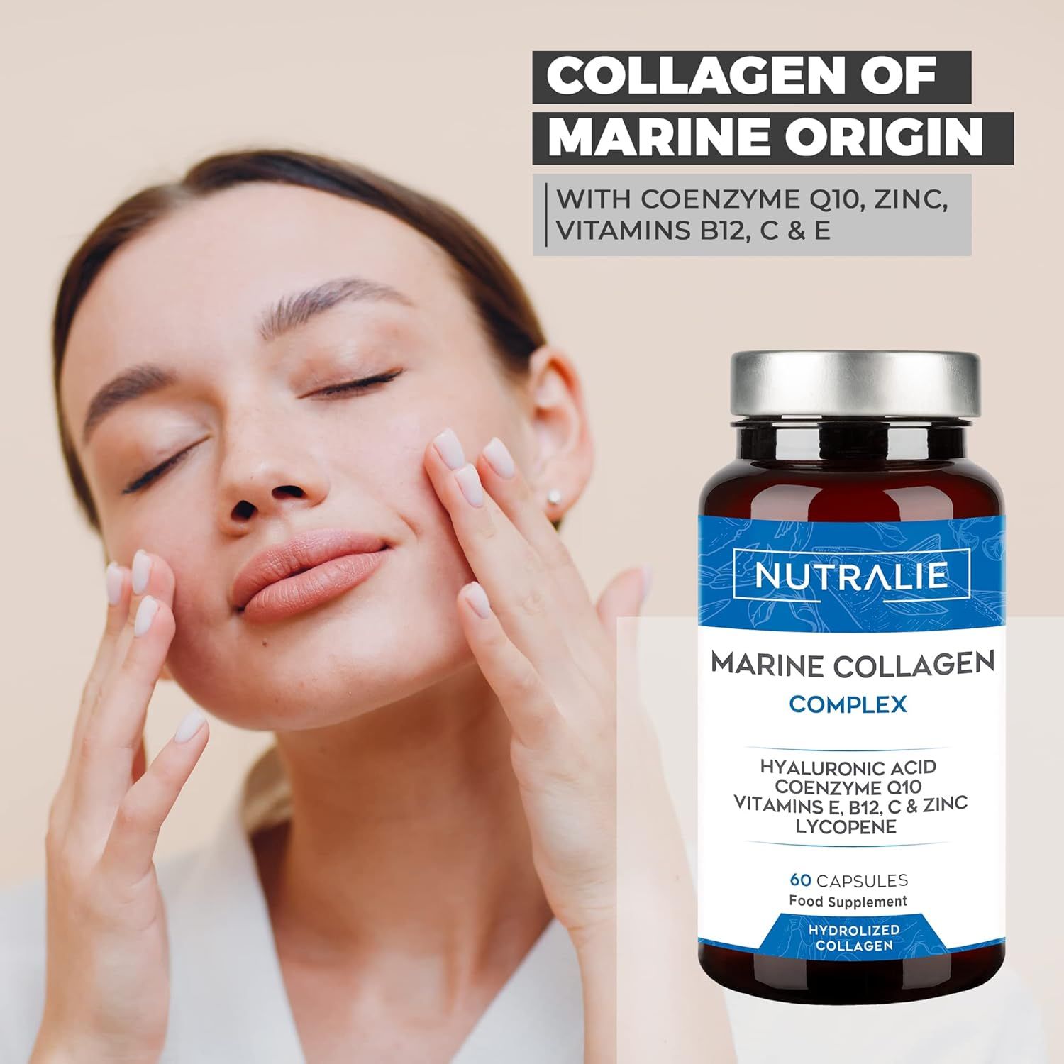 Donna che si tocca il viso. Accanto, un flacone Nutralie Marine Collagen Complex. Testo: Collagene di origine marina.