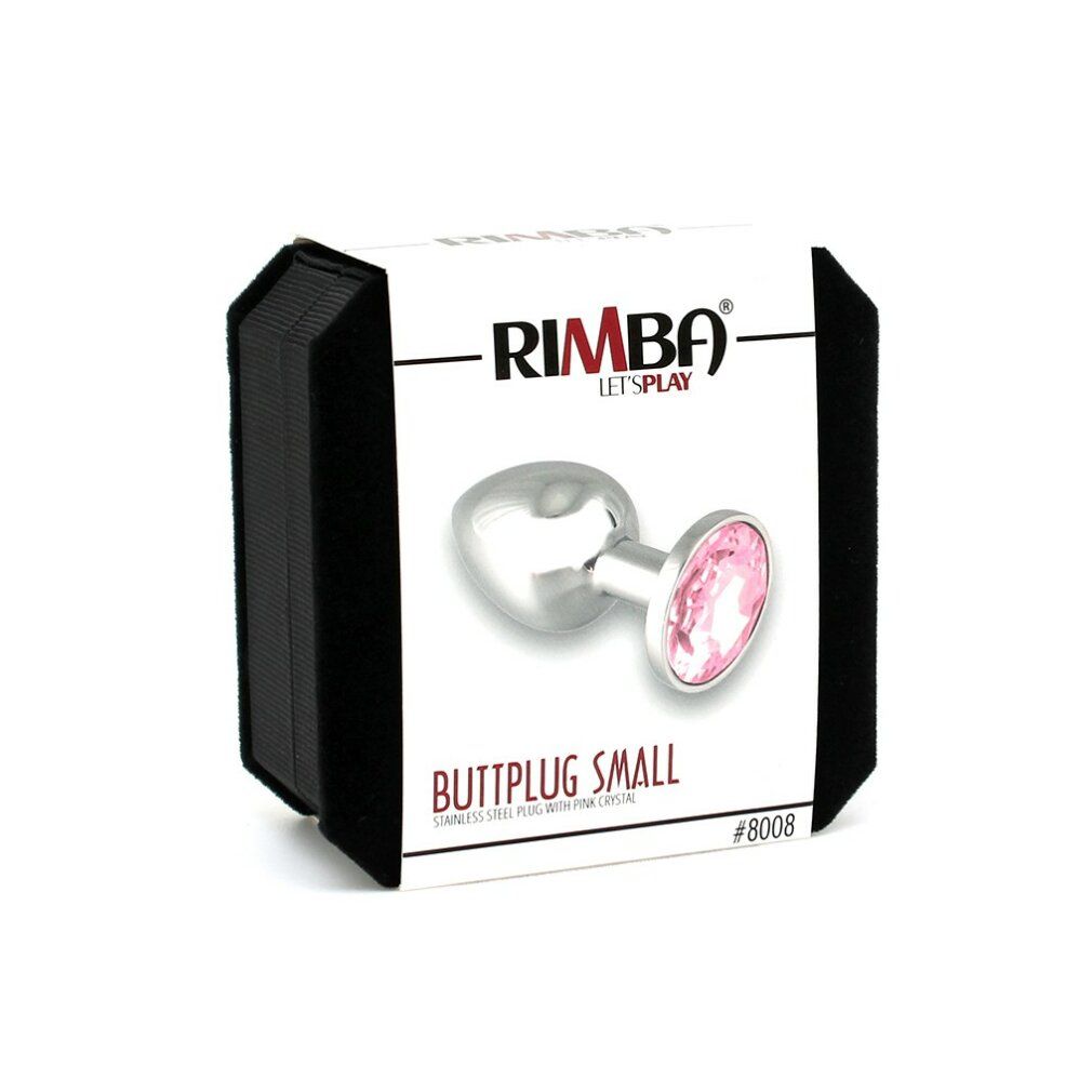 Confezione con plug anale. Scritta: RIMBA, BUTTPLUG SMALL, #8008. Il plug è argentato con cristallo rosa.