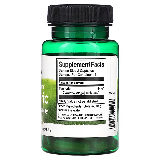 Retro del flacone verde con capsule. Scritta: Supplement Facts, Turmeric, 1.44 g, 15 porzioni.