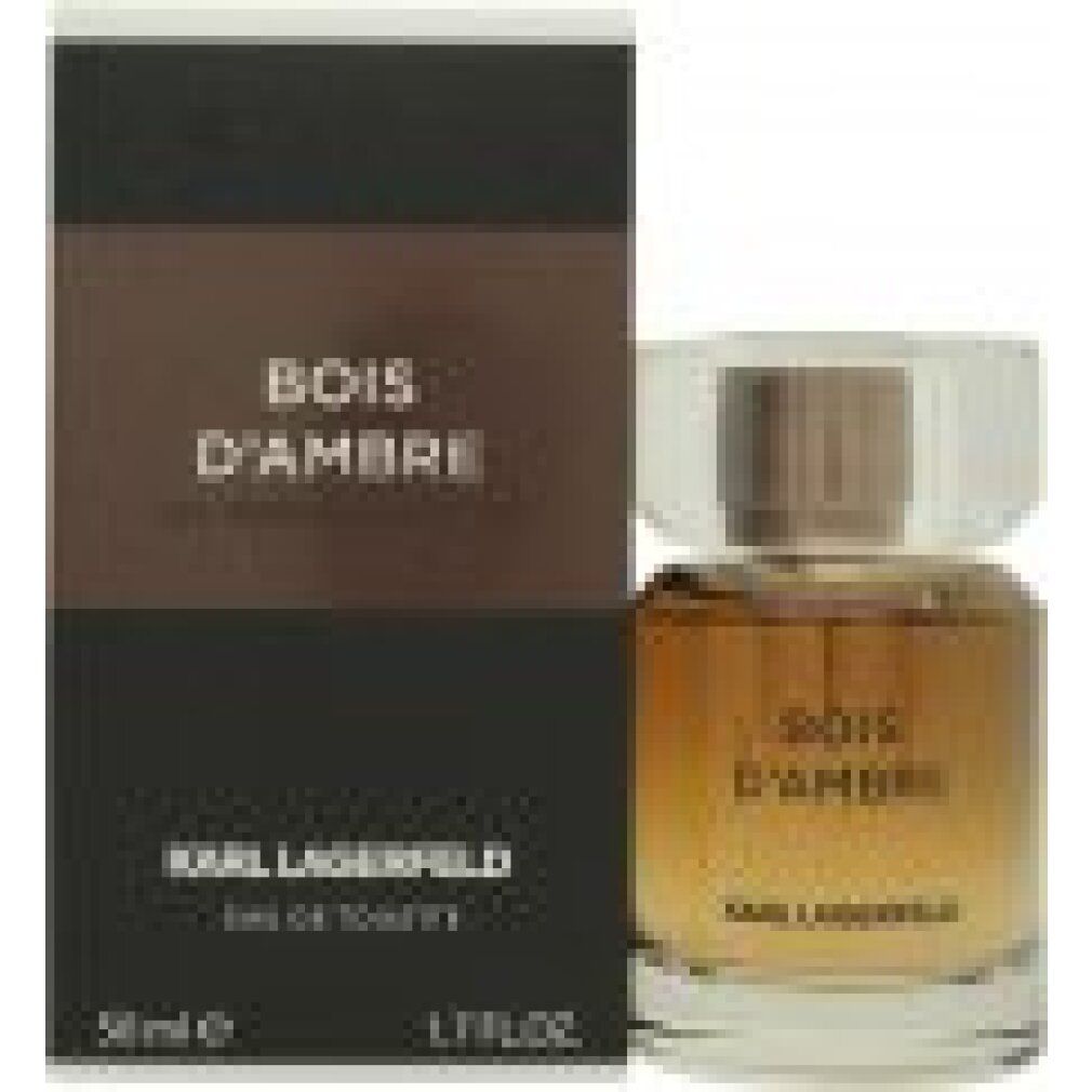 Karl Lagerfeld Bois d'Ambre Eau de Toilette Spray con confezione. Scatola nera con nome del prodotto e logo. Flacone accanto.