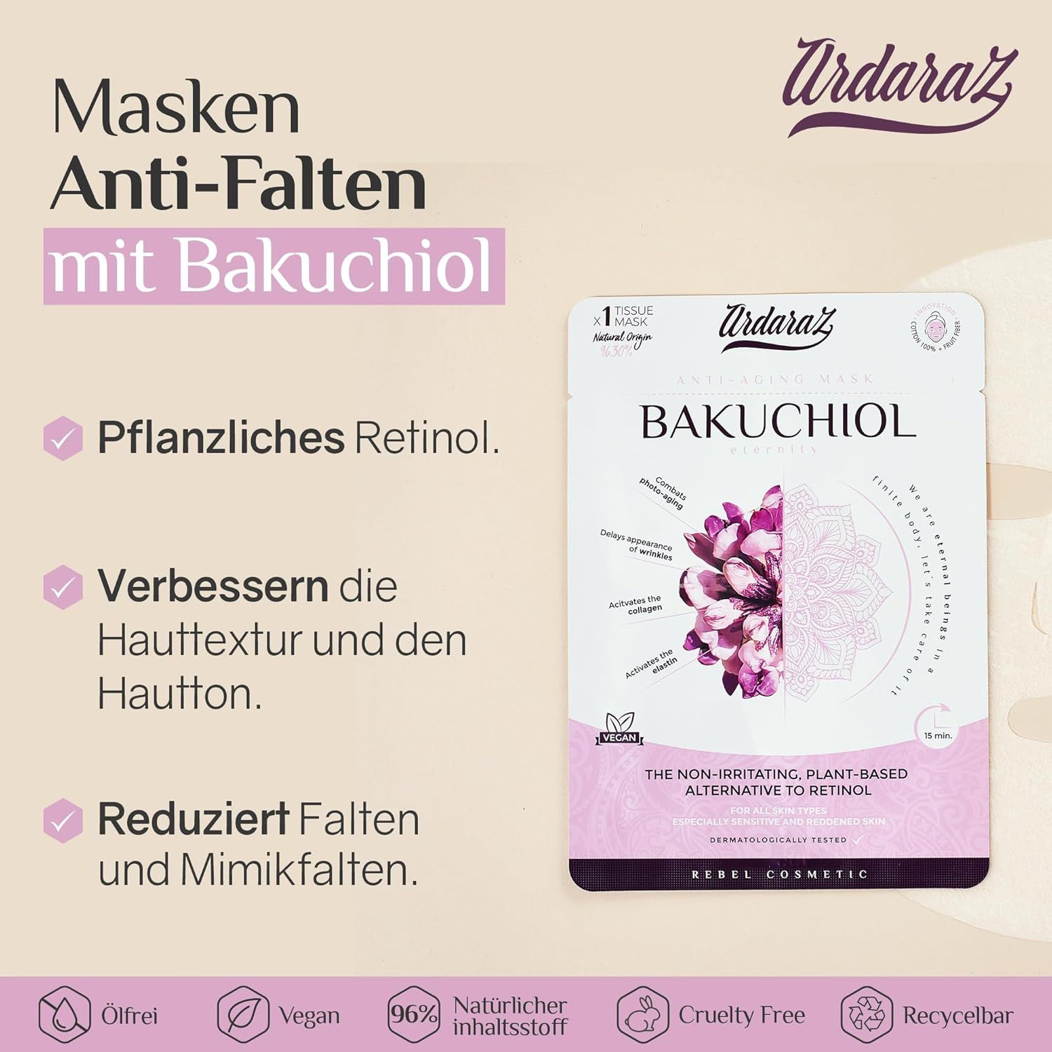 Maschera viso con bakuchiol. Testo: Retinolo vegetale, migliora la struttura della pelle, riduce le rughe. Loghi: Senza olio, Vegan, 96% ingredienti naturali.