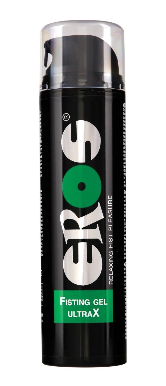 Flacone nero con scritta EROS Ultra X Fisting Gel e dispenser a pompa.