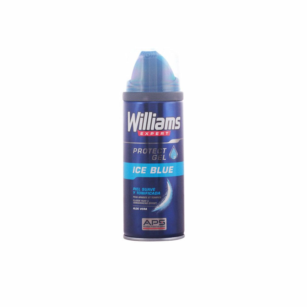 Gel da barba Williams Ice Blue in bomboletta blu. Con coperchio. Scritta: Williams Expert, Protect Gel, Ice Blue.