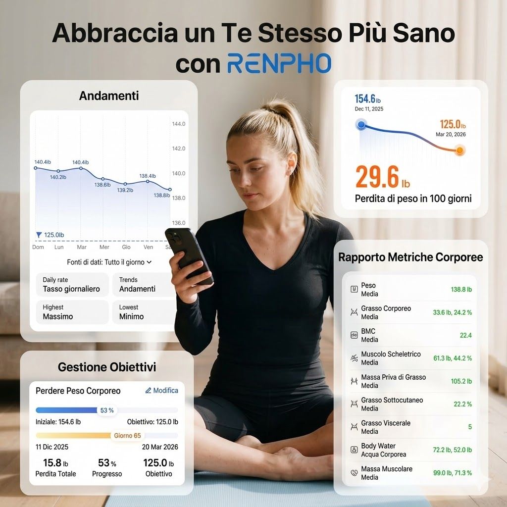 Donna con smartphone. Grafici e display dei dati per peso, tendenze e obiettivi. Interfaccia dell'app.