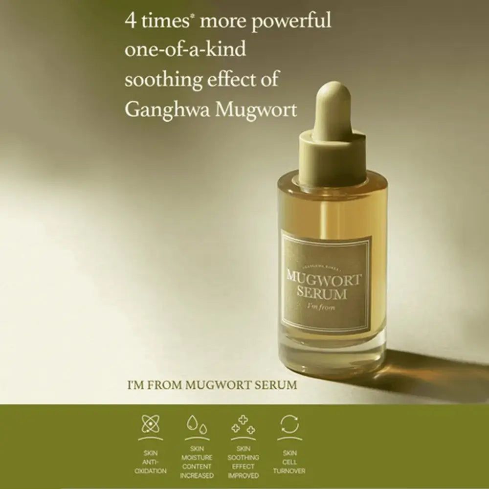 Flacone di siero "Mugwort Serum". Testo: "4 times' more powerful". Simboli per la cura della pelle.