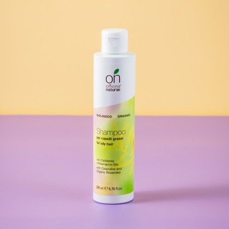 Flacone bianco con etichetta verde e gialla. Testo: Shampoo per capelli grassi, biologico, al rosmarino. Su tavolo viola.