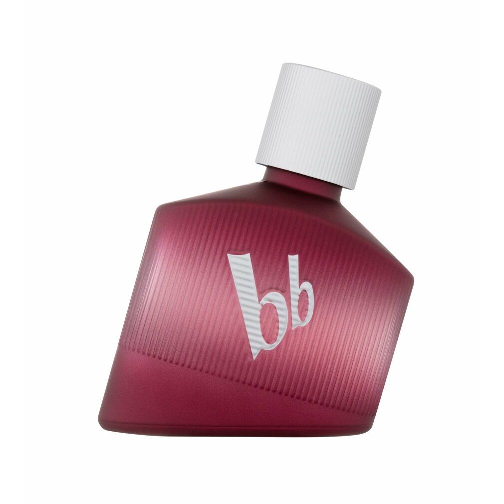 Flacone rosso con tappo bianco. Linee verticali e logo 'bb'. Forma inclinata.