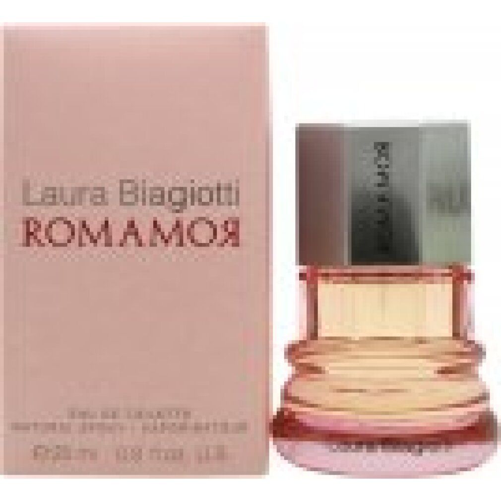 Flacone di profumo e confezione. Scritta Laura Biagiotti ROMAMOR. Flacone rosa.