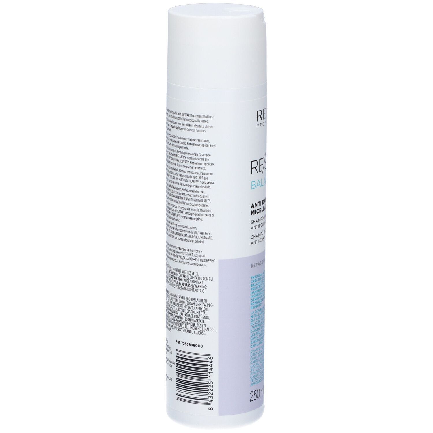 Flacone bianco-blu. Testo: ingredienti, codice a barre, 250 ml. Retro dello shampoo.