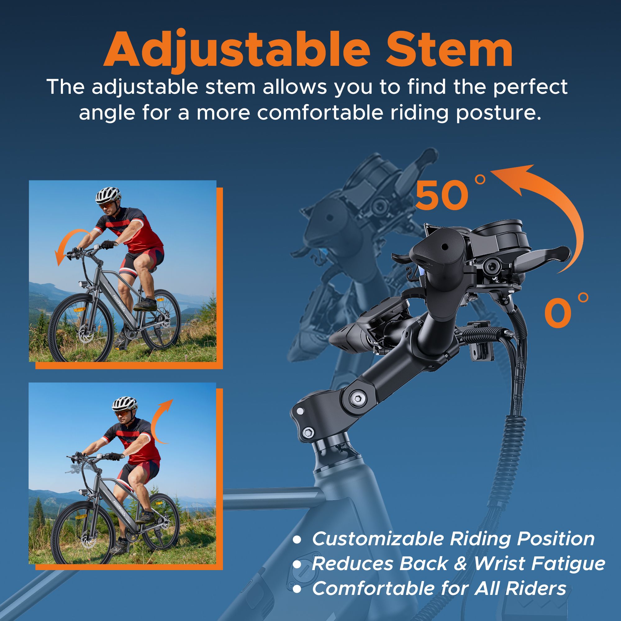 Grafica: Attacco manubrio regolabile. Angoli da 0° a 50°. Illustrazioni di ciclisti sulla e-bike. Testo: Posizione di guida personalizzabile.