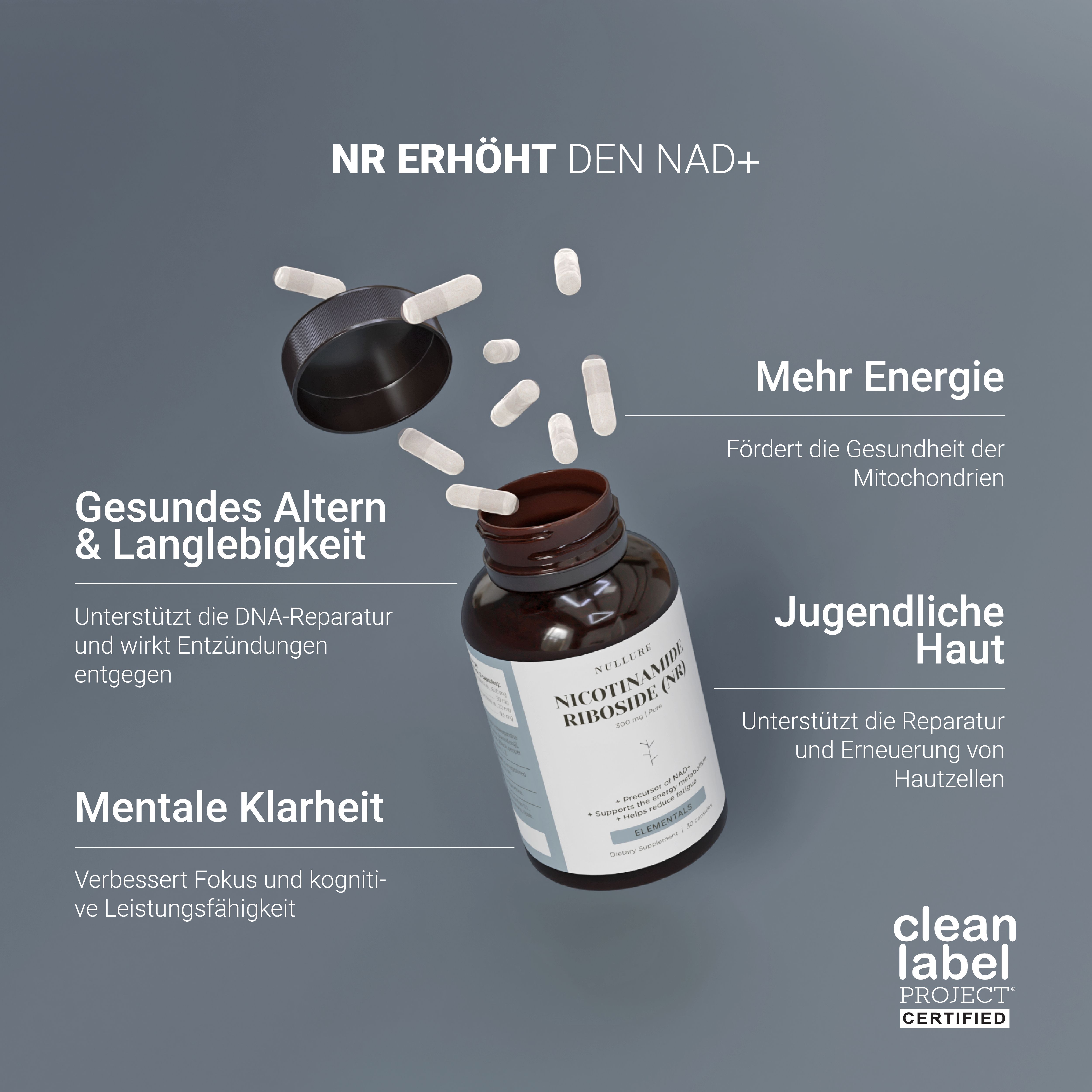 Capsule Nullure Nicotinamide Riboside: Più energia, pelle giovane, chiarezza mentale. Certificato Clean Label Project.
